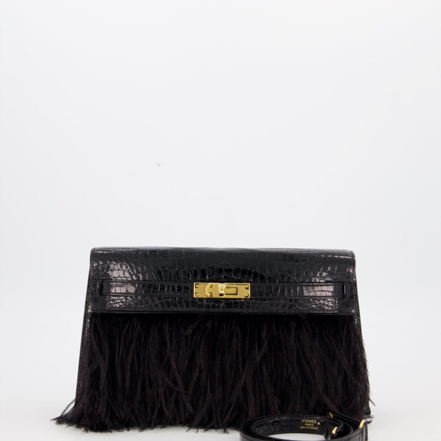 Hermes Kelly Elan Folie Bag in Noir Crocodile Porosus Lisse Leather, Noir Plumes with Gold Hardware | Studio Nafay