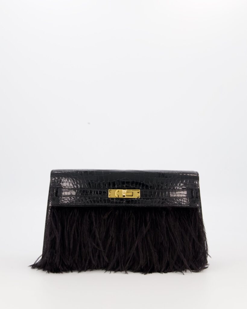 Hermes Kelly Elan Folie Bag in Noir Crocodile Porosus Lisse Leather, Noir Plumes with Gold Hardware - Product Image 2