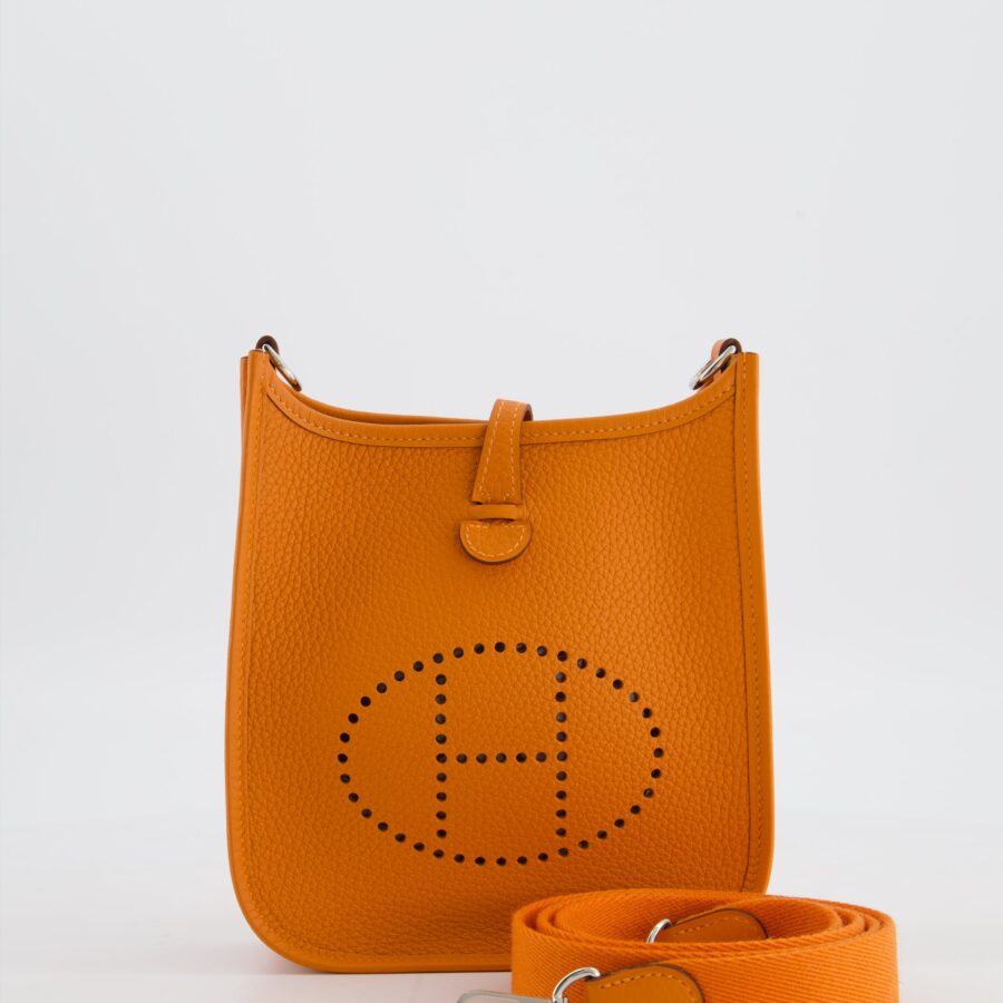 Hermes Mini Evelyne Bag in Orange Clemence Leather with Palladium Hardware | Studio Nafay