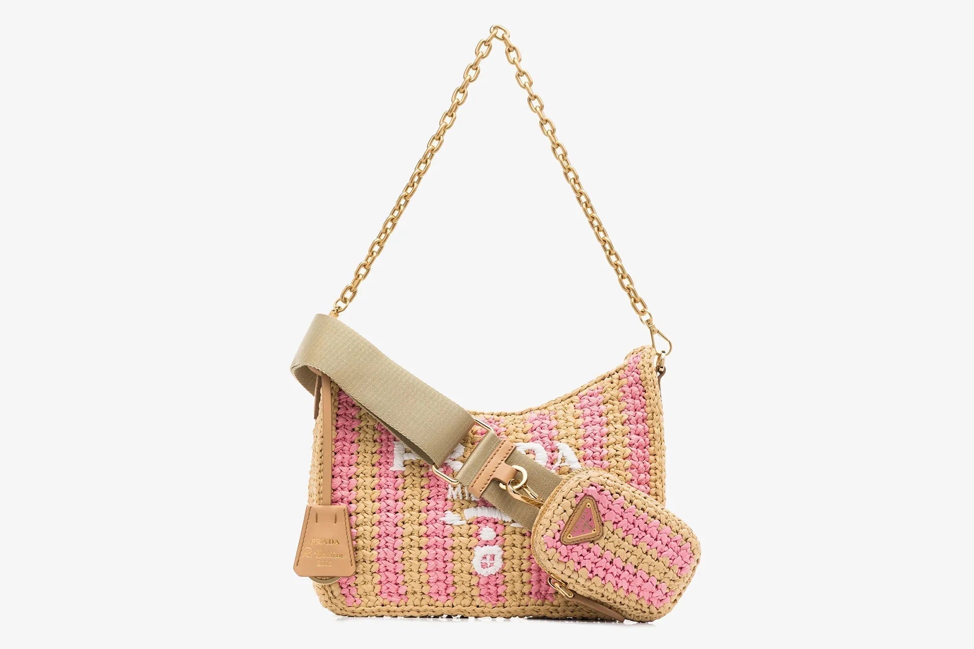 PRADA NEUTRAL RE-EDITION RAFFIA SHOULDER BAG