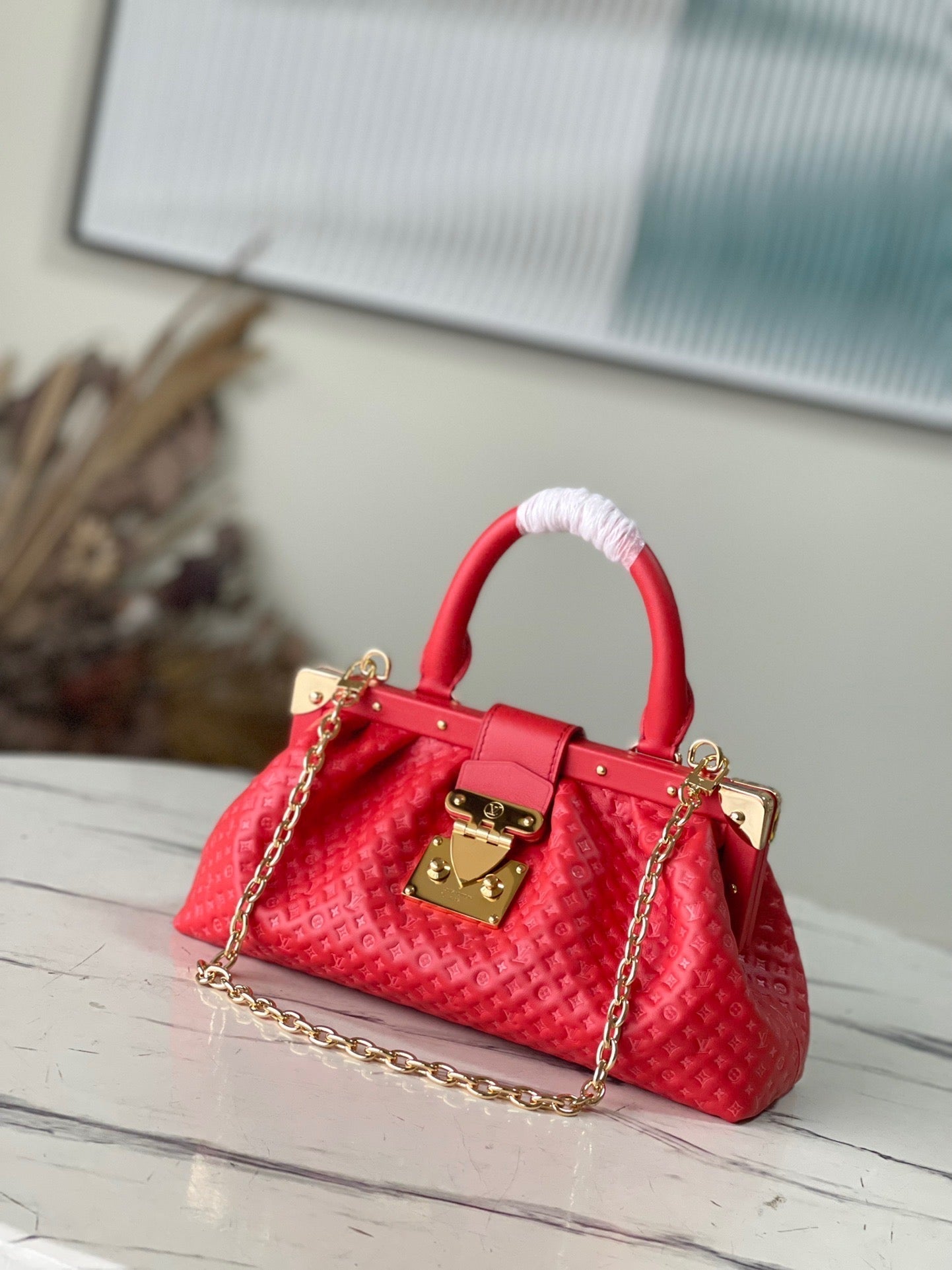 Red Monogram Clutch Leather Handbag for Women