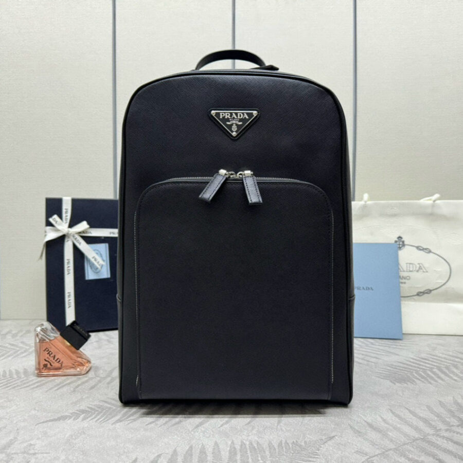 Prada Triangle-Logo Zipped Backpack Black Saffiano leather | Studio Nafay