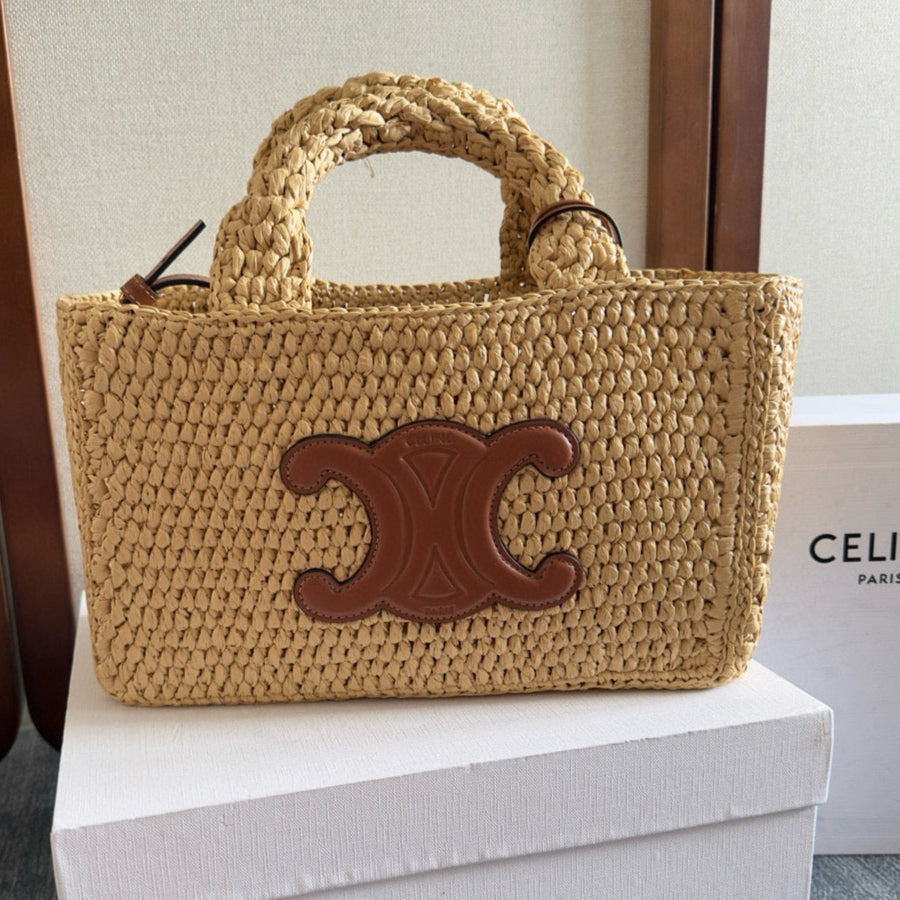 Celine Cabas Thais Handbag Beige mix Brown Plant Material And Cow Leather | Studio Nafay