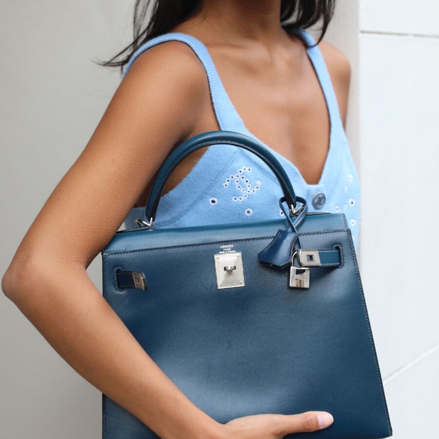 *VERY RARE* Hermes Kelly 28 Sellier Bag in Bleu De Prusse Box Calf Leather with Guilloche Palladium Hardware | Studio Nafay