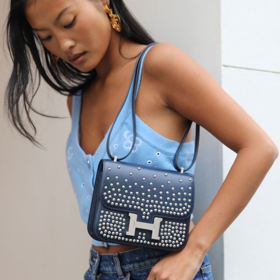 *LIMITED EDITION* Hermes Mini Constance Clouté III Miroir 18 Bag in Bleu Abysse Calfskin Box Leather with Palladium Hardware | Studio Nafay