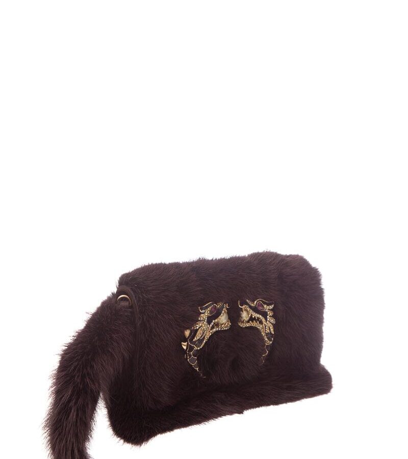Gucci F/W By Tom Ford Burgundy Mink & Crystal Wolf Head Clutch | Studio Nafay