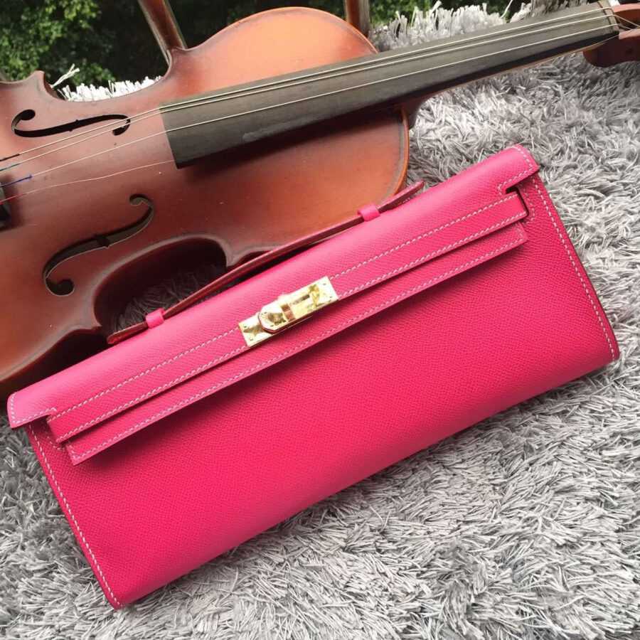 Luxury Hermes Rose Red Handcrafted Kelly Cut Clutch | Studio Nafay