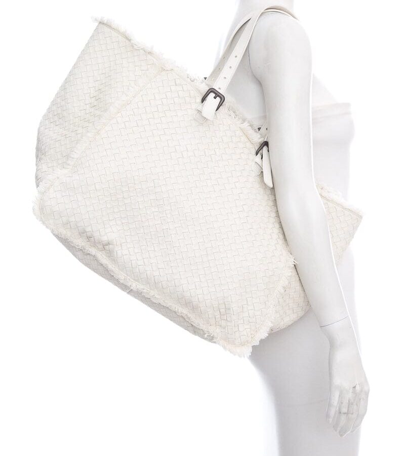Bottega Veneta White Intrecciato Fringe Tote | Studio Nafay