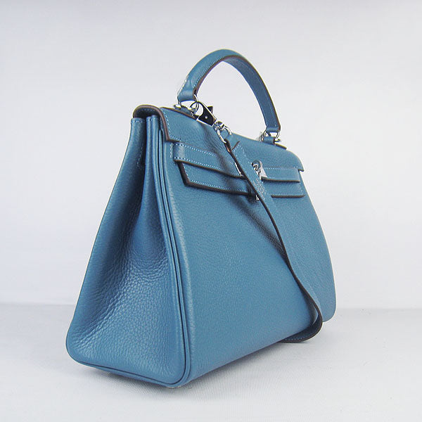 Luxury Hermes Kelly 32cm Togo Leather Handbag Blue/Silver | Studio Nafay