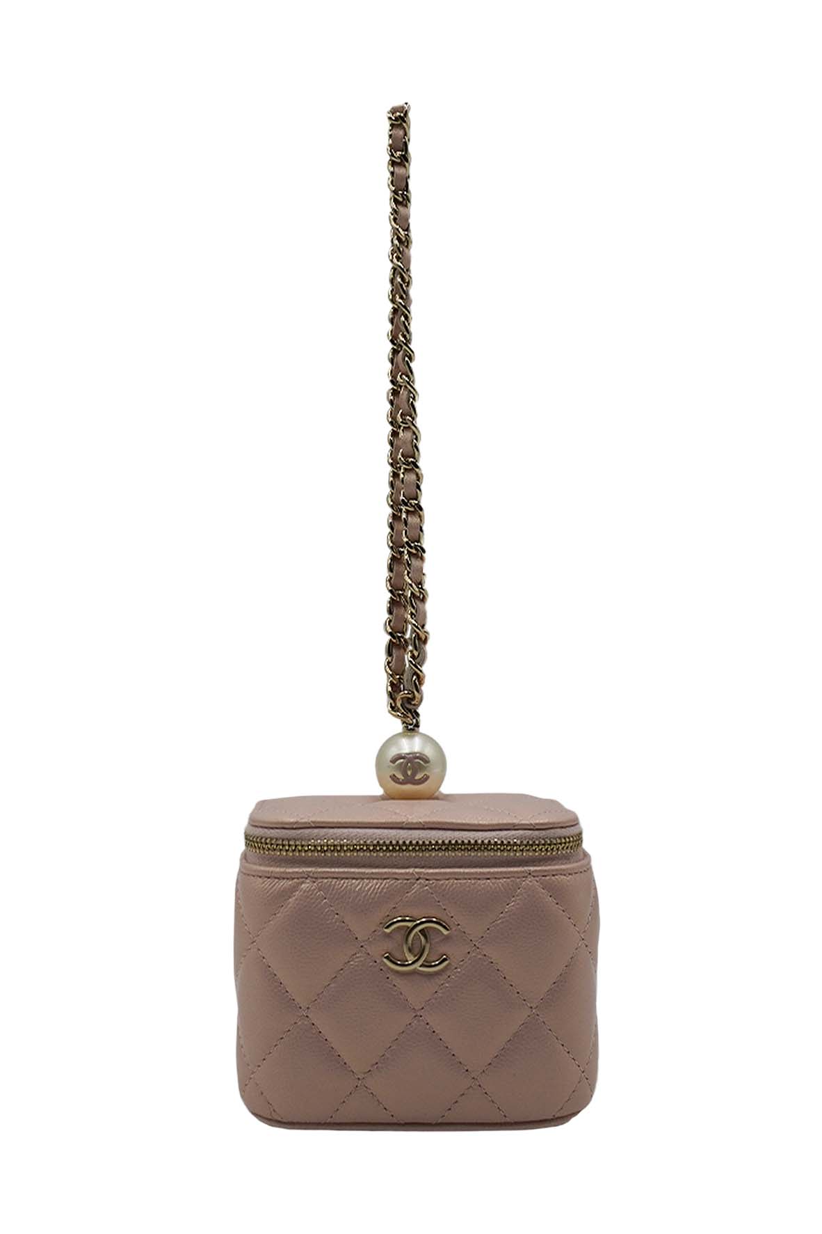 Small Vanity with Pearl Chain Wristlet Metallic Pink