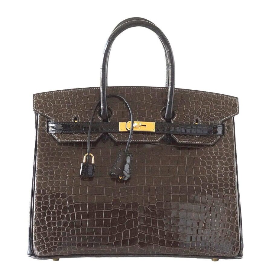 Hermes Birkin 35 Bag HSS Porosus Crocodile Gris Elephant / Black Gold Hdw | Studio Nafay