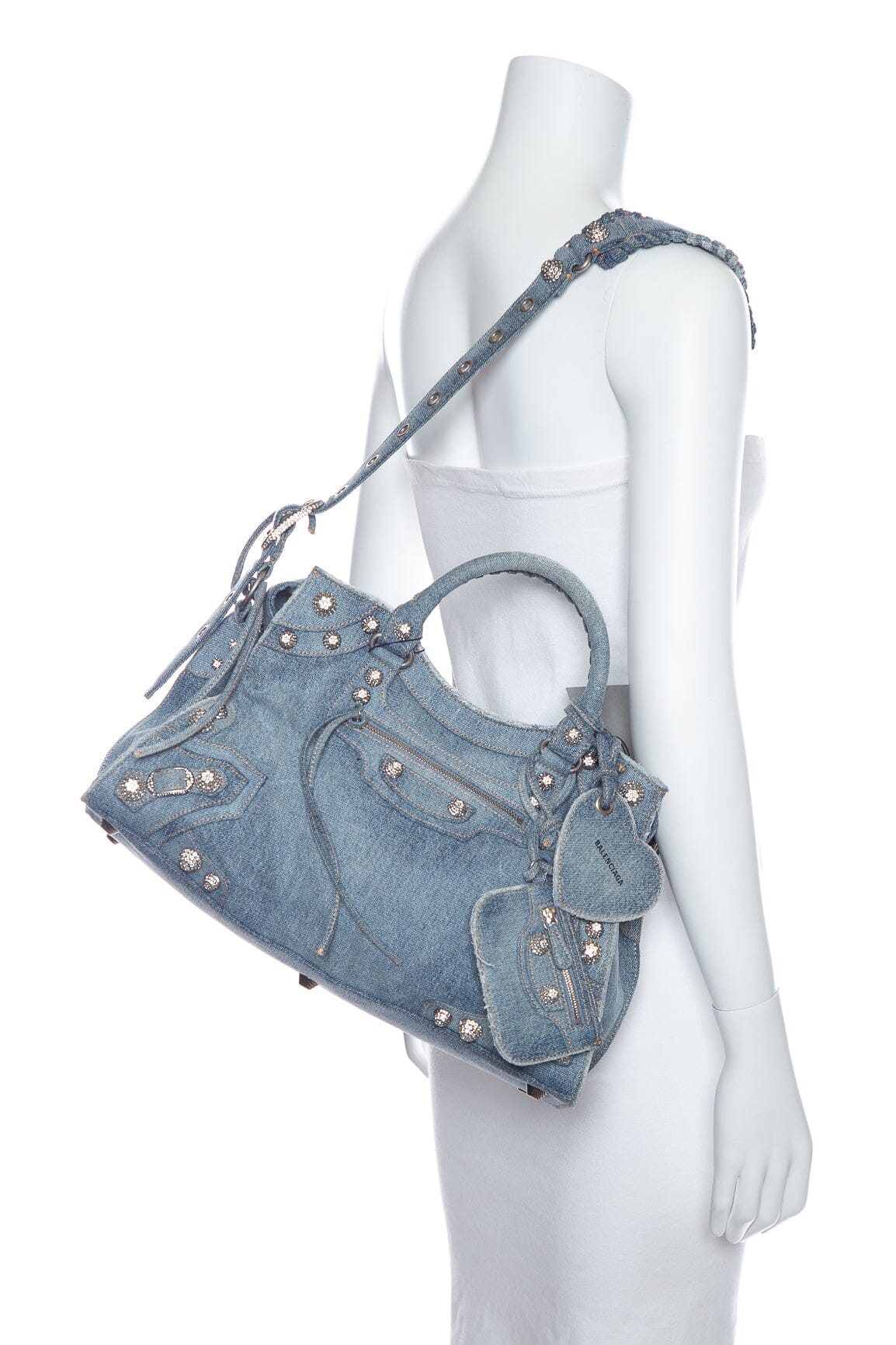 Balenciaga Denim Rhinestone City Shoulder Bag