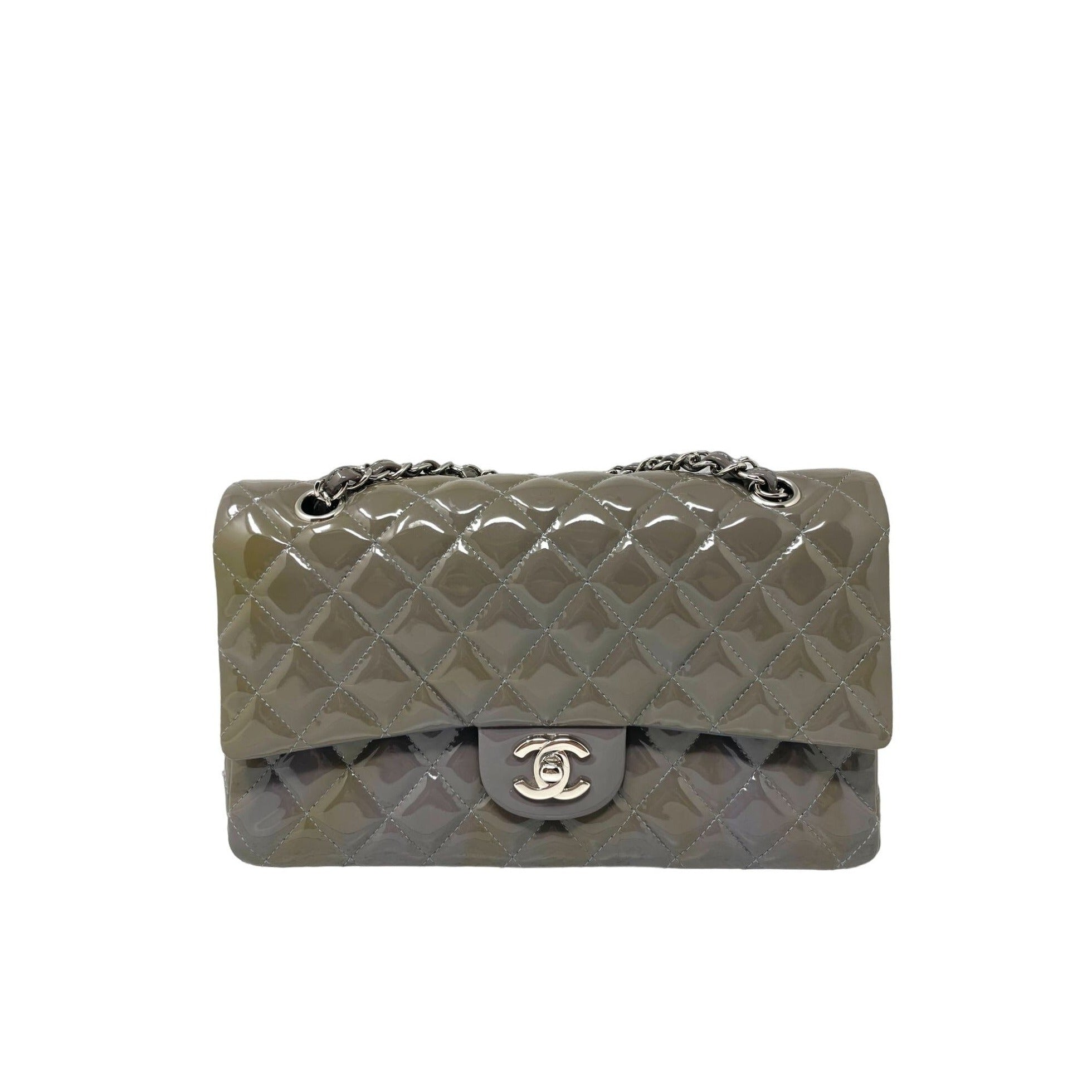 CHANEL Chanel Classic Patent Medium Double Flap Bag – Grey