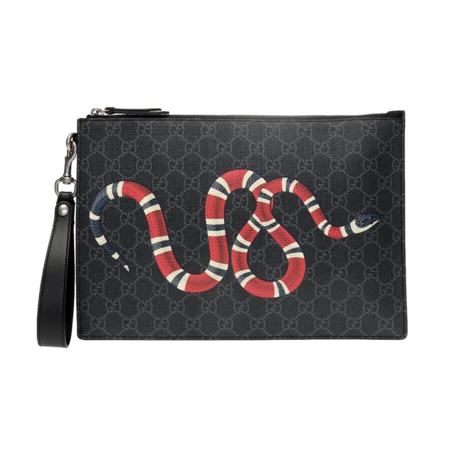 Gucci Bestiary Kingsnake Black GG Supreme Canvas Wristlet Clutch | Studio Nafay