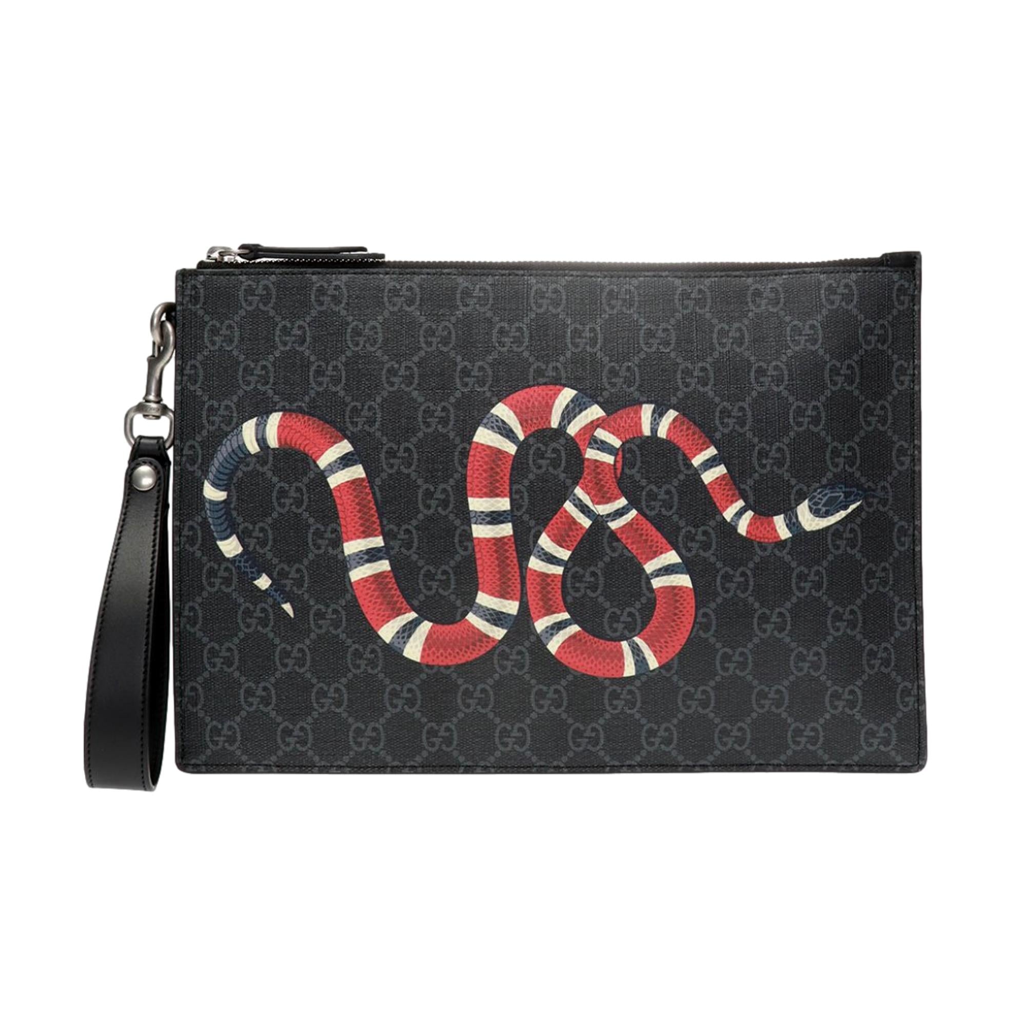 Gucci Bestiary Kingsnake Black GG Supreme Canvas Wristlet Clutch | Studio Nafay