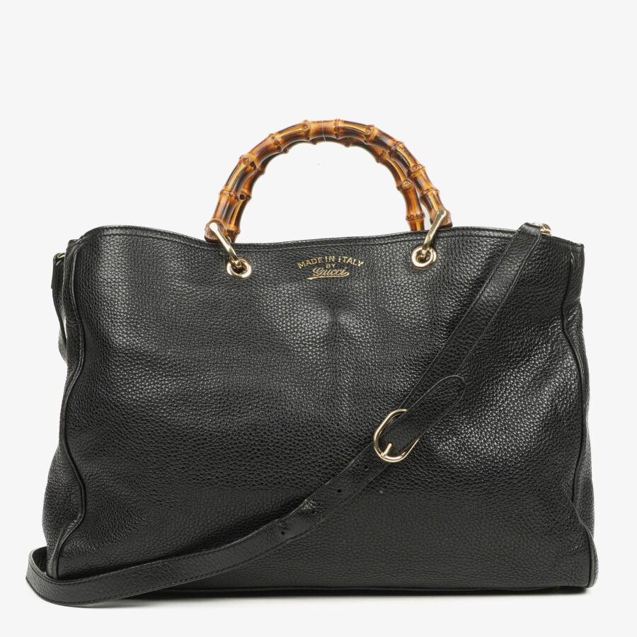 Gucci Black Pebbled Leather Bamboo Shopper Top Handle Large Tote Bag | Studio Nafay
