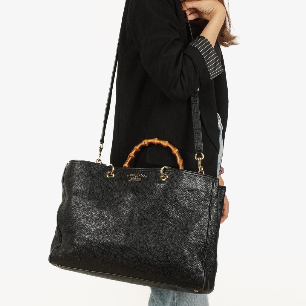 Gucci Black Pebbled Leather Bamboo Shopper Top Handle Large Tote Bag - Product Image 2