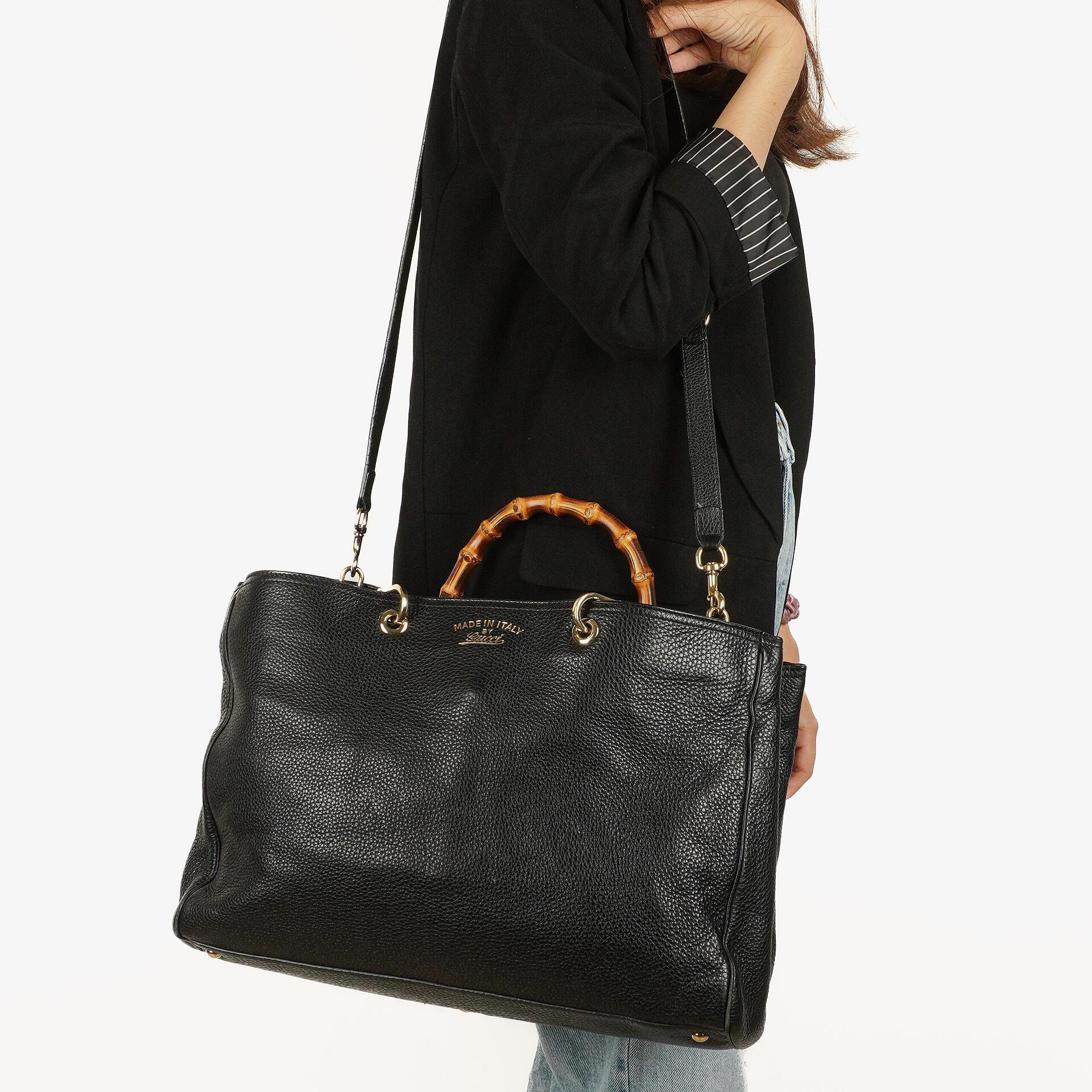 Gucci Black Pebbled Leather Bamboo Shopper Top Handle Large Tote Bag