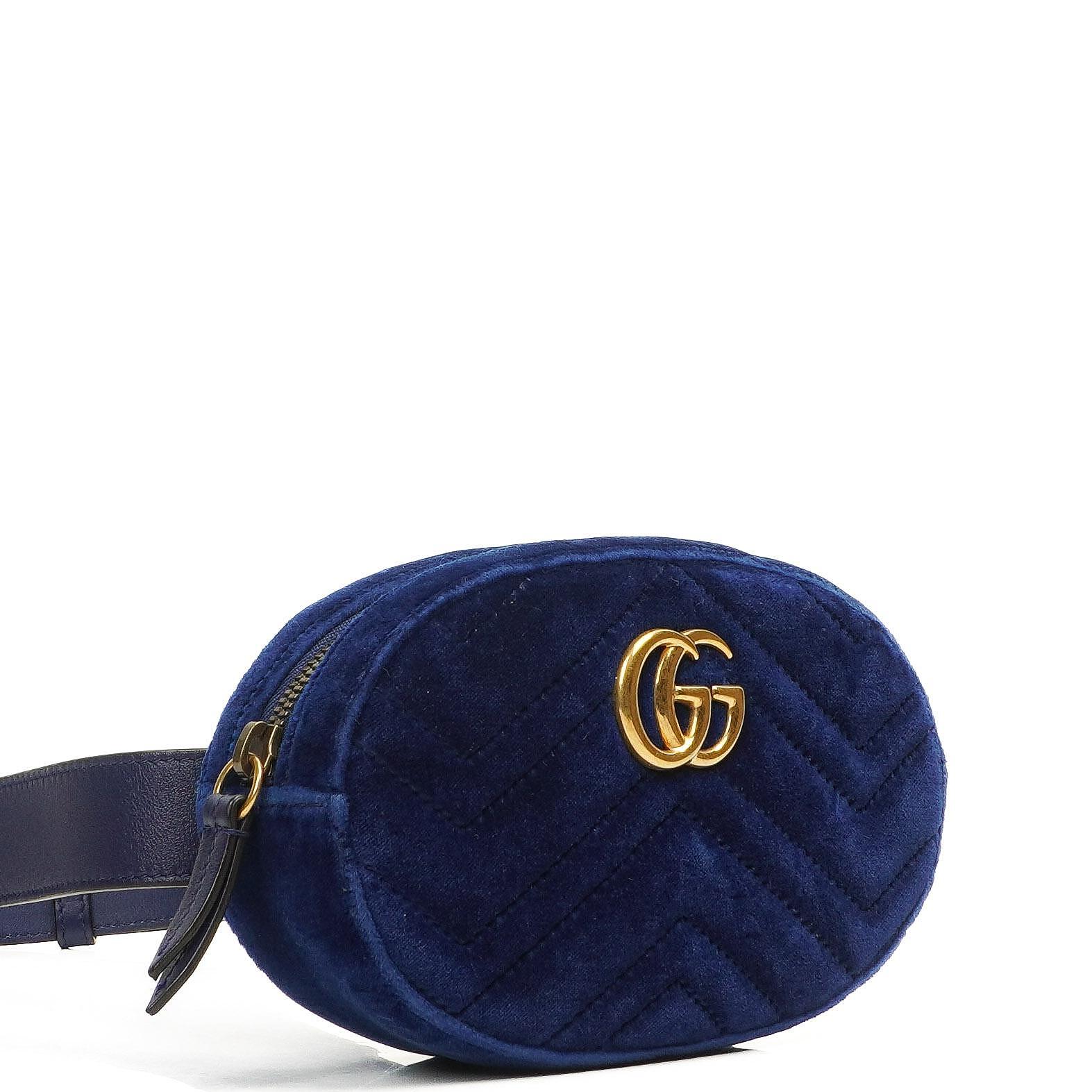 Gucci GG Marmont Matelasse Cobalt Blue Velvet Belt Bag 85 34