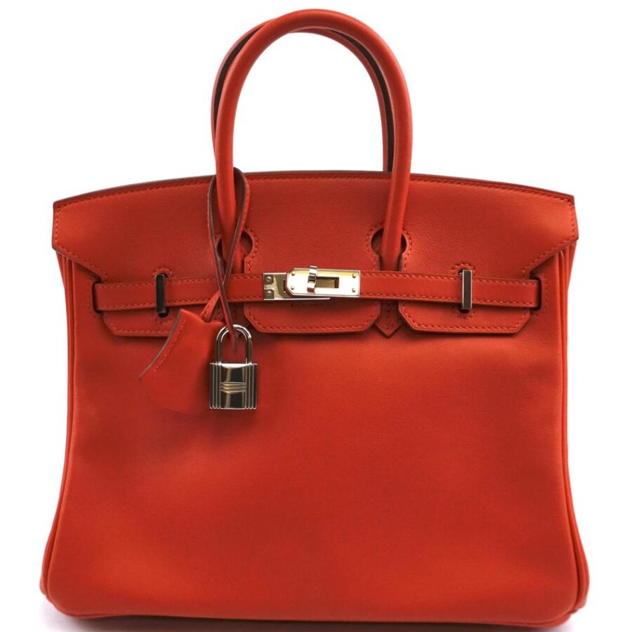 HermesBirkin Ultra Rare 25 25cm Elegant Handbag Small Tote Capucine Red with Orange Undertone Swift Leather Satchel | Studio Nafay