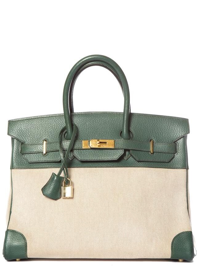 HermesBirkin Leather & Toile 35cm Green Tote | Studio Nafay