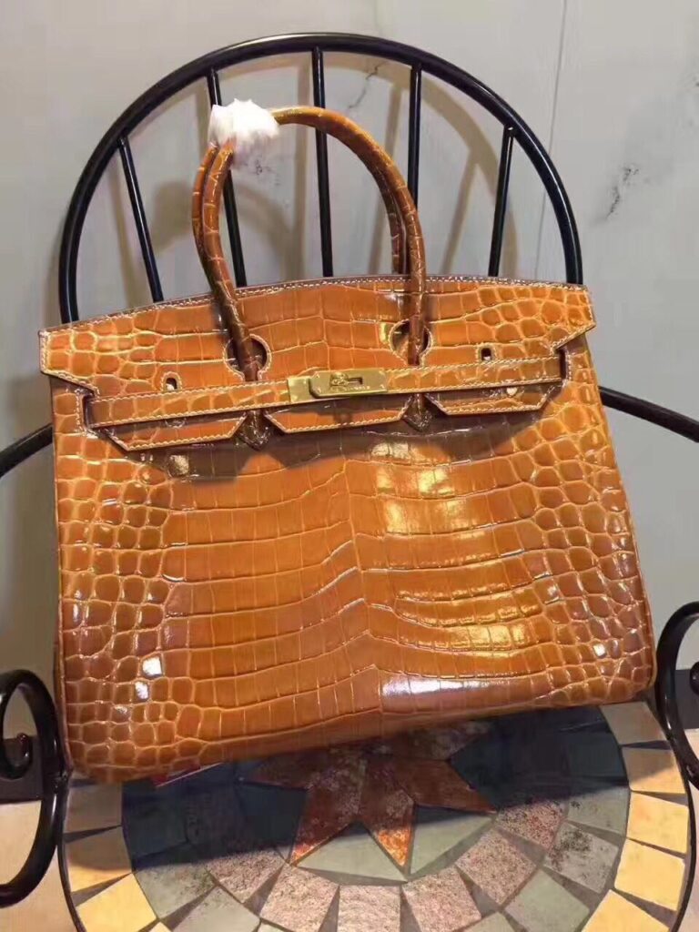 Hermes Birkin 35cm Crocodile Leather Handbag Brown Gold | Studio Nafay
