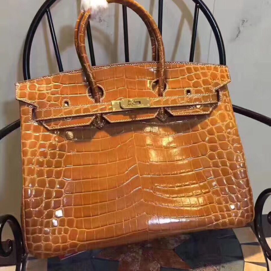 Hermes Birkin 35cm Crocodile Leather Handbag Brown Gold | Studio Nafay