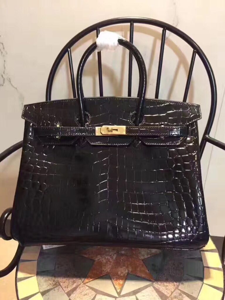 Hermes Birkin 35cm Crocodile Leather Handbag Black Gold | Studio Nafay