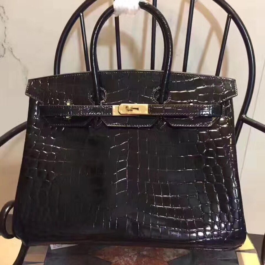 Hermes Birkin 35cm Crocodile Leather Handbag Black Gold | Studio Nafay