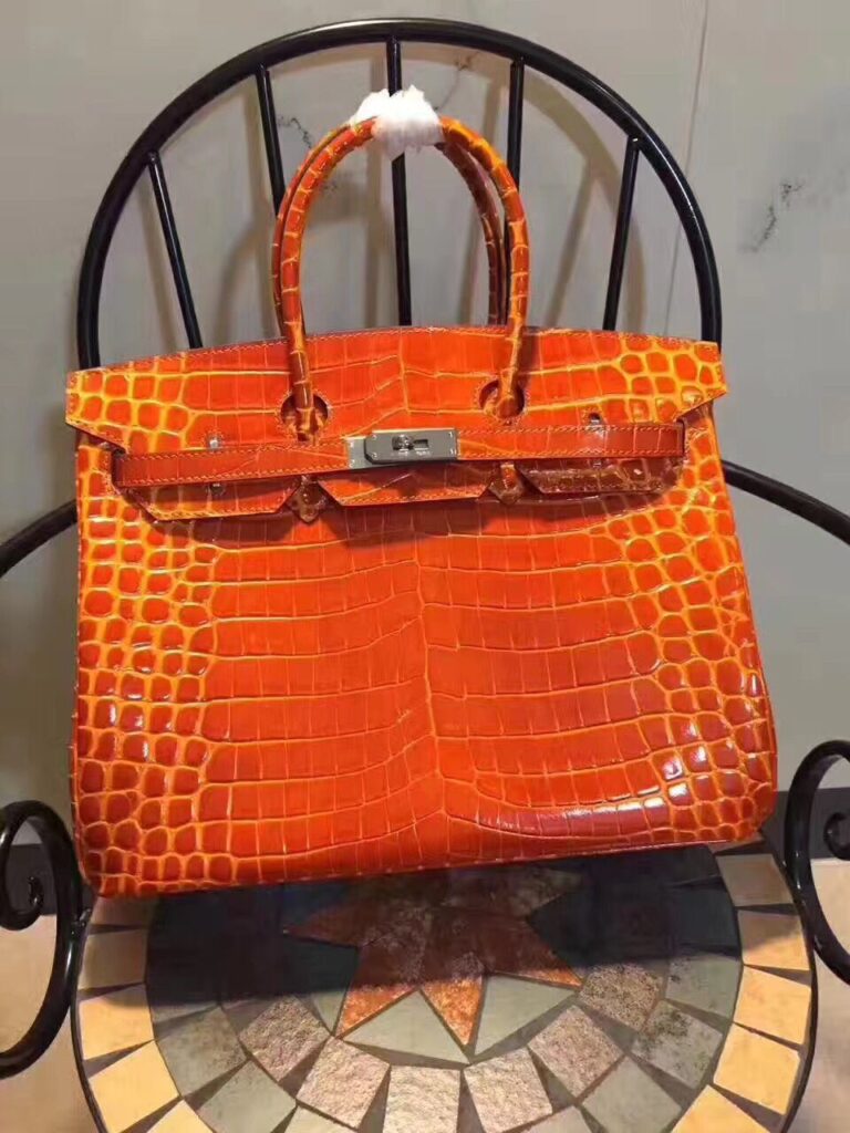 Hermes Birkin 35cm Crocodile Leather Handbag Orange Silver | Studio Nafay