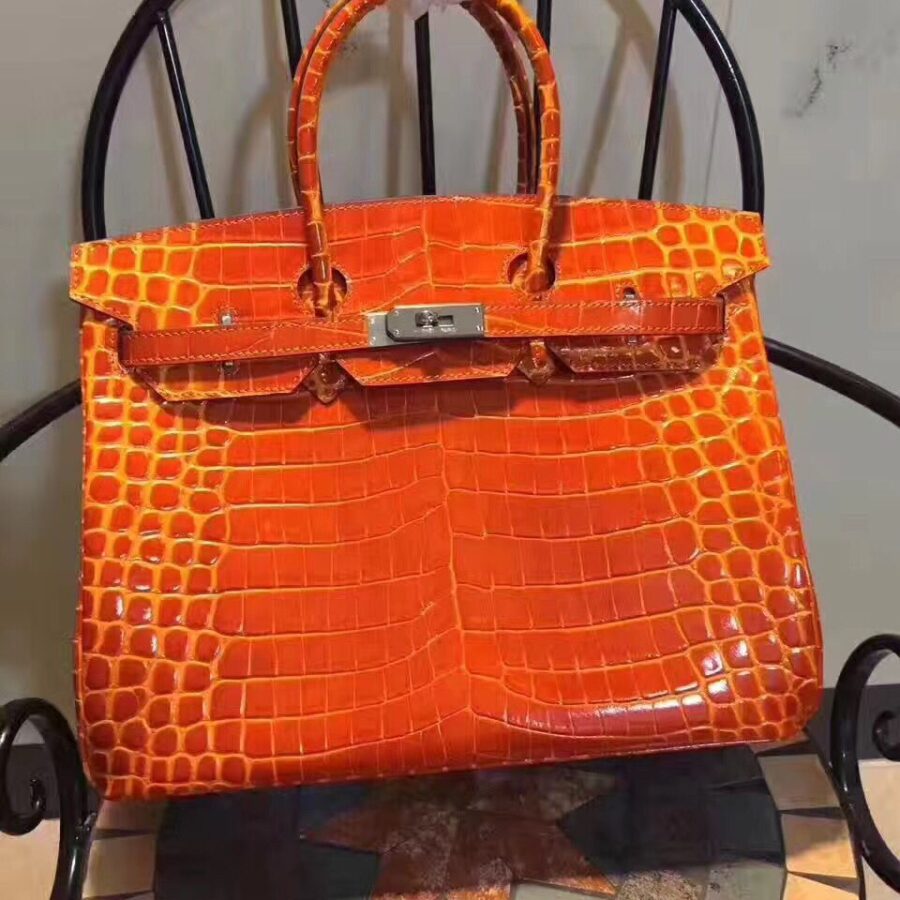 Hermes Birkin 35cm Crocodile Leather Handbag Orange Silver | Studio Nafay