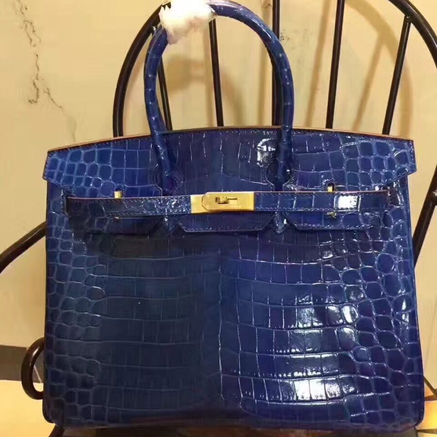 Hermes Birkin 35cm Crocodile Leather Handbag Blue Gold | Studio Nafay