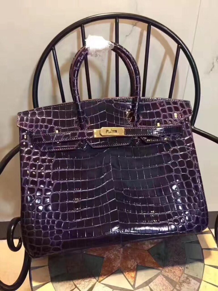 Hermes Birkin 35cm Crocodile Leather Handbag Dark Purple Gold | Studio Nafay