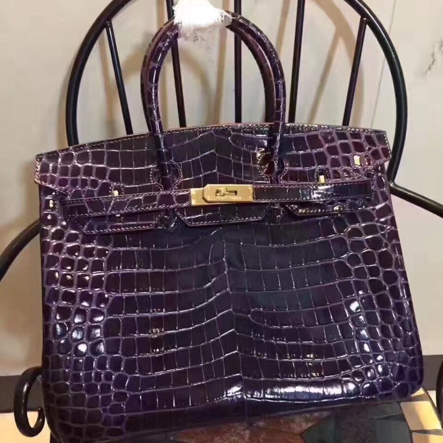 Hermes Birkin 35cm Crocodile Leather Handbag Dark Purple Gold | Studio Nafay