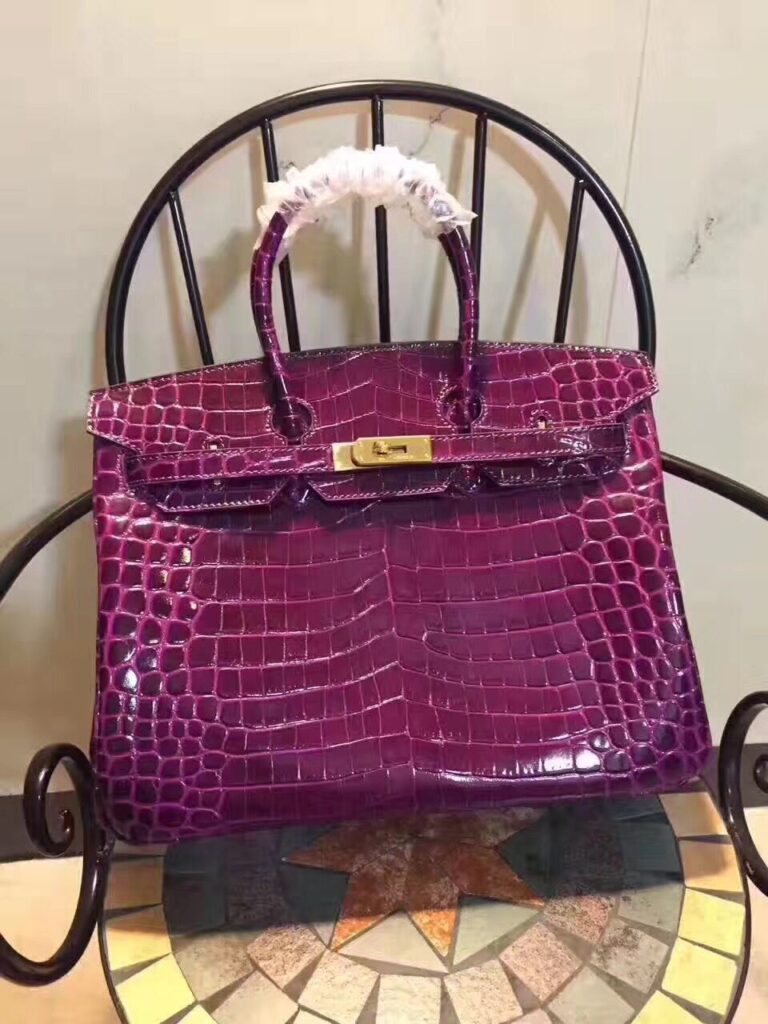 Hermes Birkin 35cm Crocodile Leather Handbag Purple Gold | Studio Nafay