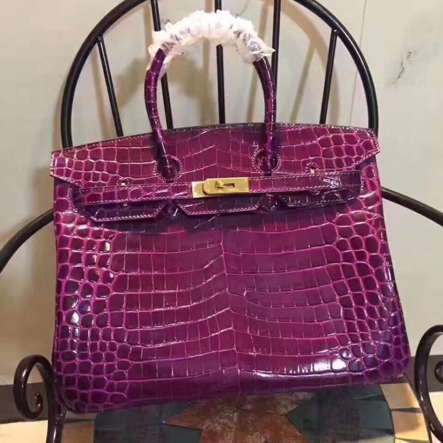 Hermes Birkin 35cm Crocodile Leather Handbag Purple Gold | Studio Nafay
