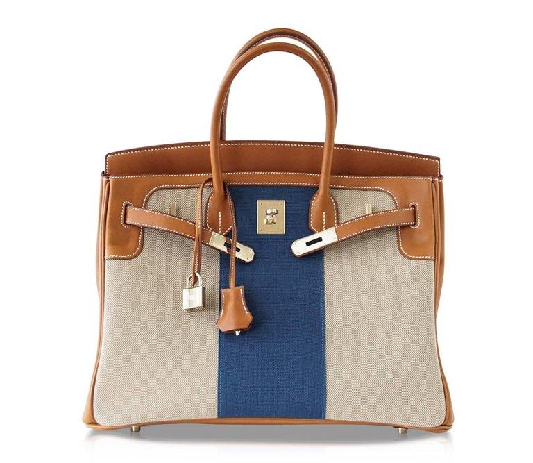 Hermes Birkin 35 Bag Flag Barenia / Toile Blue Permabrass Rare Limited Edition