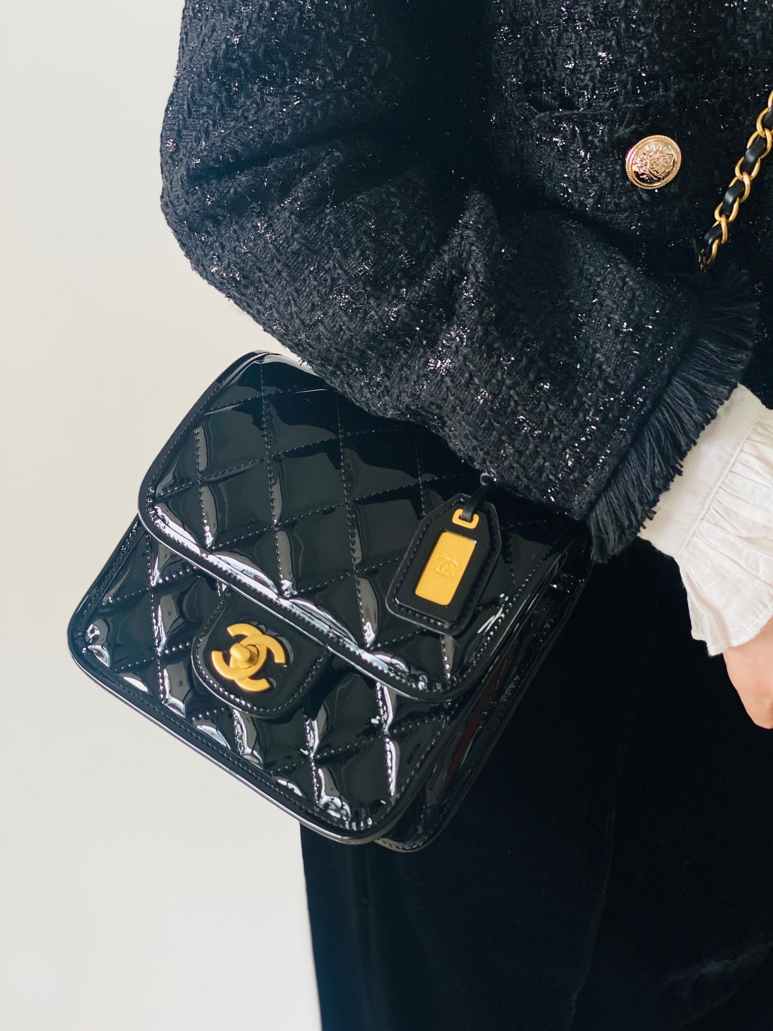 CC Medium Flap Bag Black Patent Calfskin