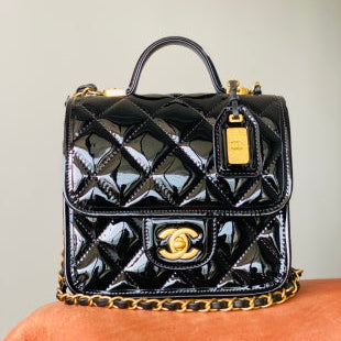 CC Medium Flap Bag Black Patent Calfskin | Studio Nafay