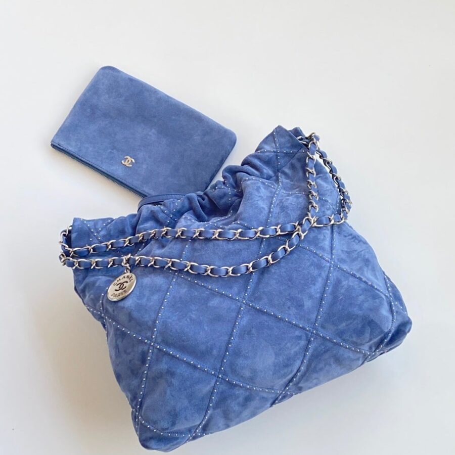 Chanel 25 Quilted Studded Bag Blue Suede | Studio Nafay