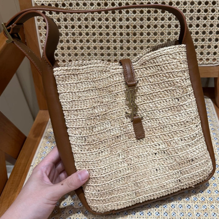 YSL Bag 22cm Brown Beige Raffia Cowhide | Studio Nafay