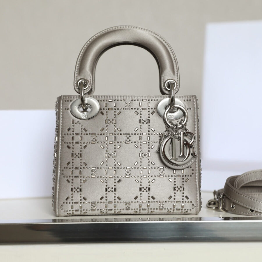 CD Lady Dior Mini Diamond Bag Gray Satin | Studio Nafay