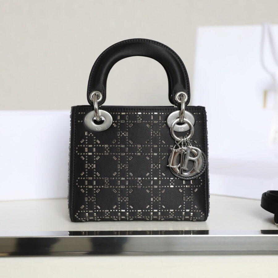 CD Lady Dior Mini Diamond Bag Black Satin | Studio Nafay