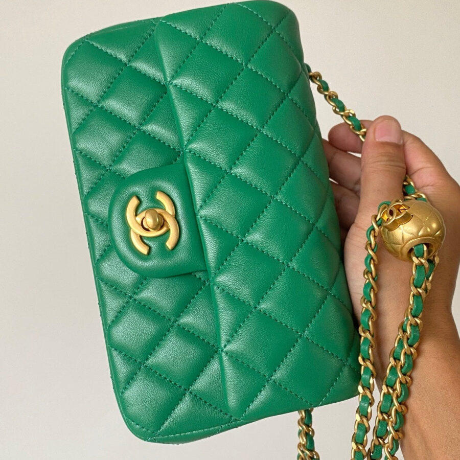 CC 25 classic flap bag 20 mini gold ball mint green calfskin | Studio Nafay