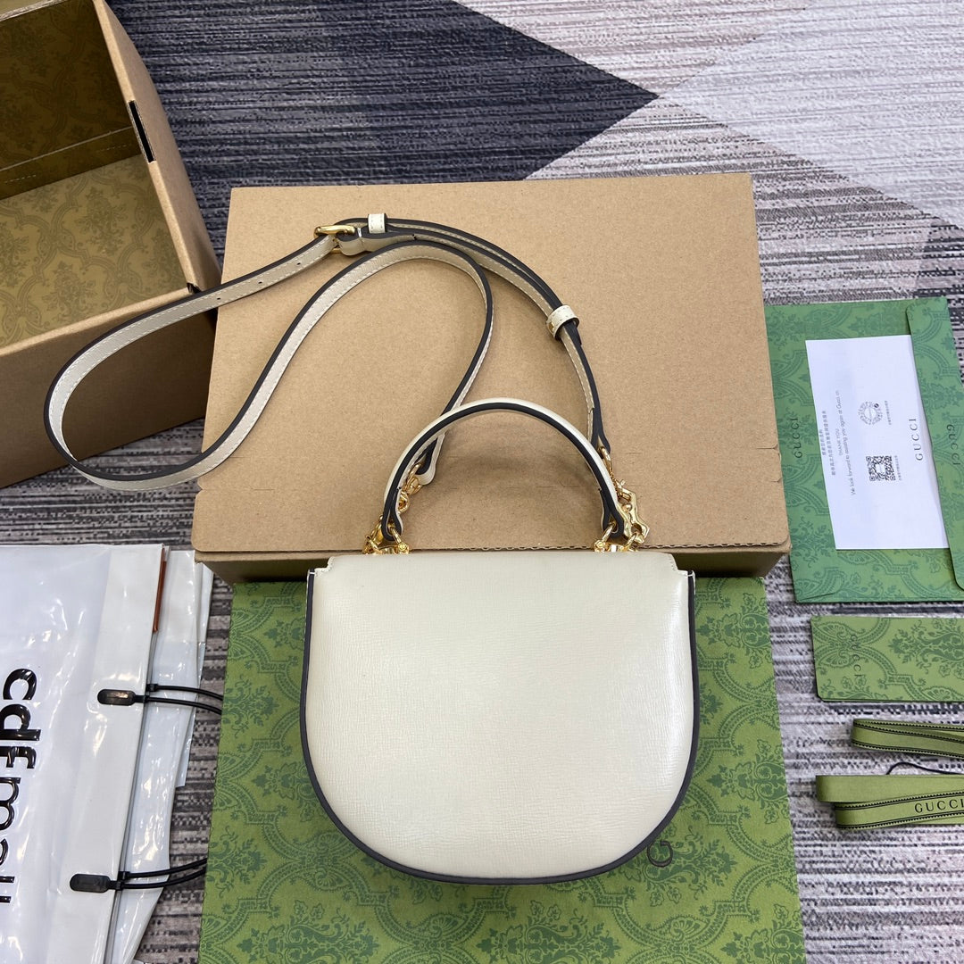 HORSEBIT MINI TOP HANDLE BAG 18 IN WHITE CALFSKIN GOLD HARDWARE