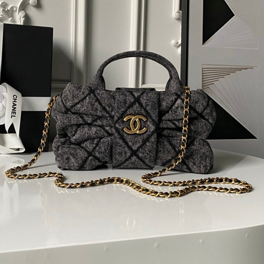Chanel 25K Bow Bag Dark Gray Gold Denim Leather 295188 | Studio Nafay