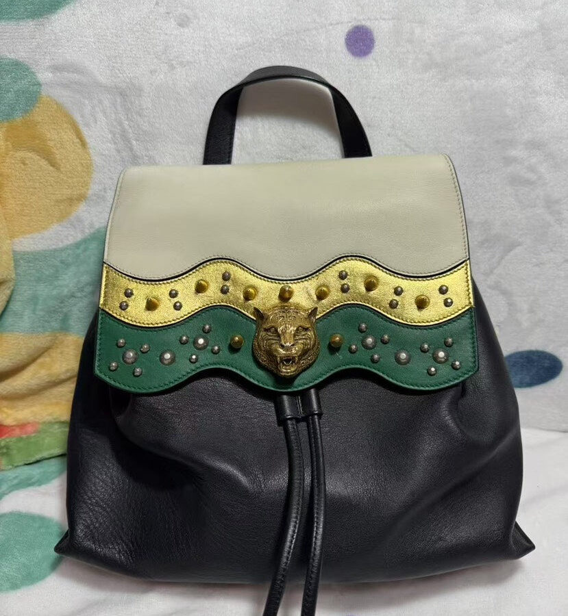 Gucci Lion Head Leather Cream and Black Backpack | Studio Nafay