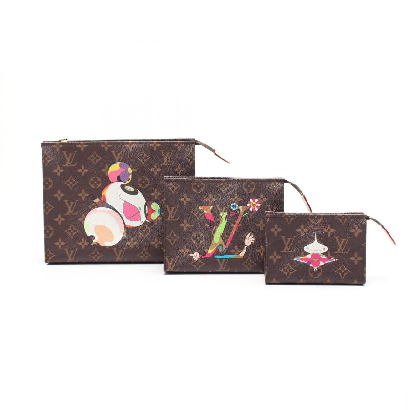 LOUIS VUITTON LV × TM Posh Trio Monogram Brown PVC Pouch Set Collaboration with Takashi Murakami | Studio Nafay