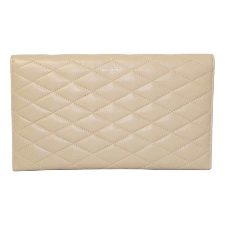 Saint Laurent Sade Logo Beige Leather Quilted Pouch Clutch Bag | Studio Nafay