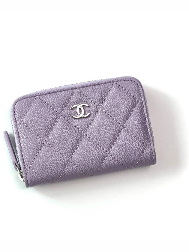 Silver Logo Zipper Caviar Card Wallet Lilac Chanel